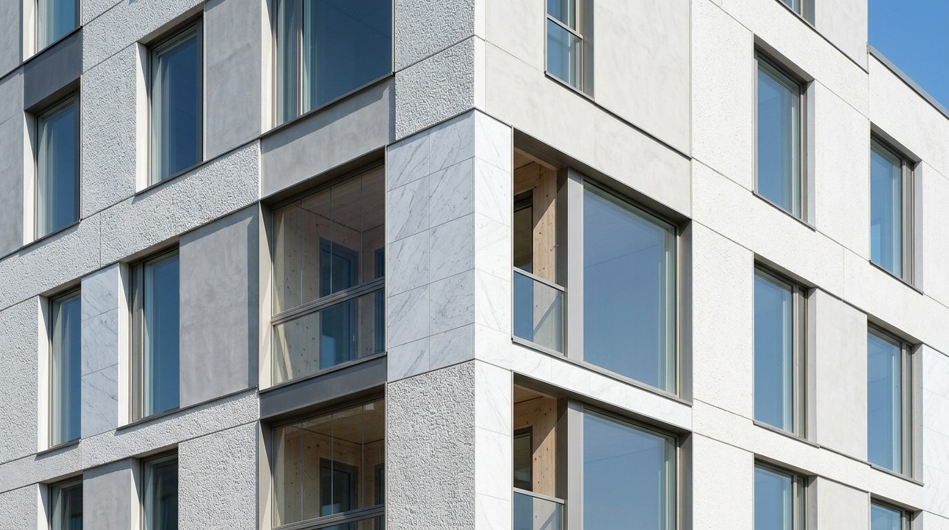 Modern mixed-material building facade featuring light concrete, marble, timber, and glass, from a low-angle perspective.