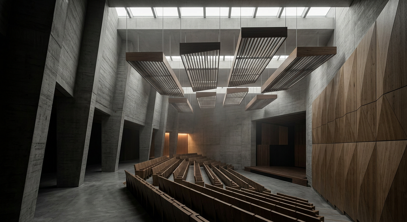 Interior of a contemporary timber-lined auditorium with complex geometric ceiling baffles and warm lighting.