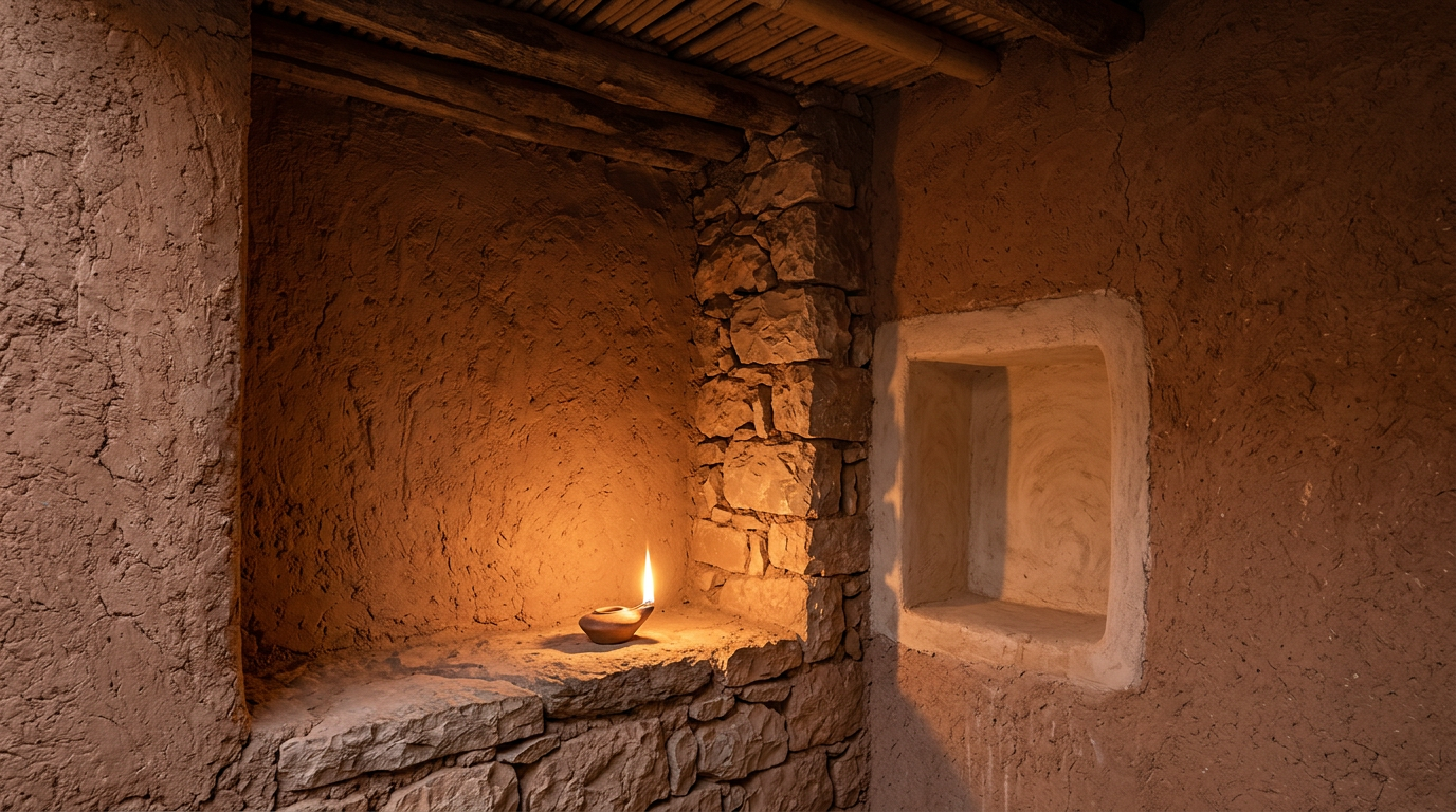 Earthen ksar interior with a glowing oil lamp on a stone shelf, complementing the mud plaster and timber ceiling.