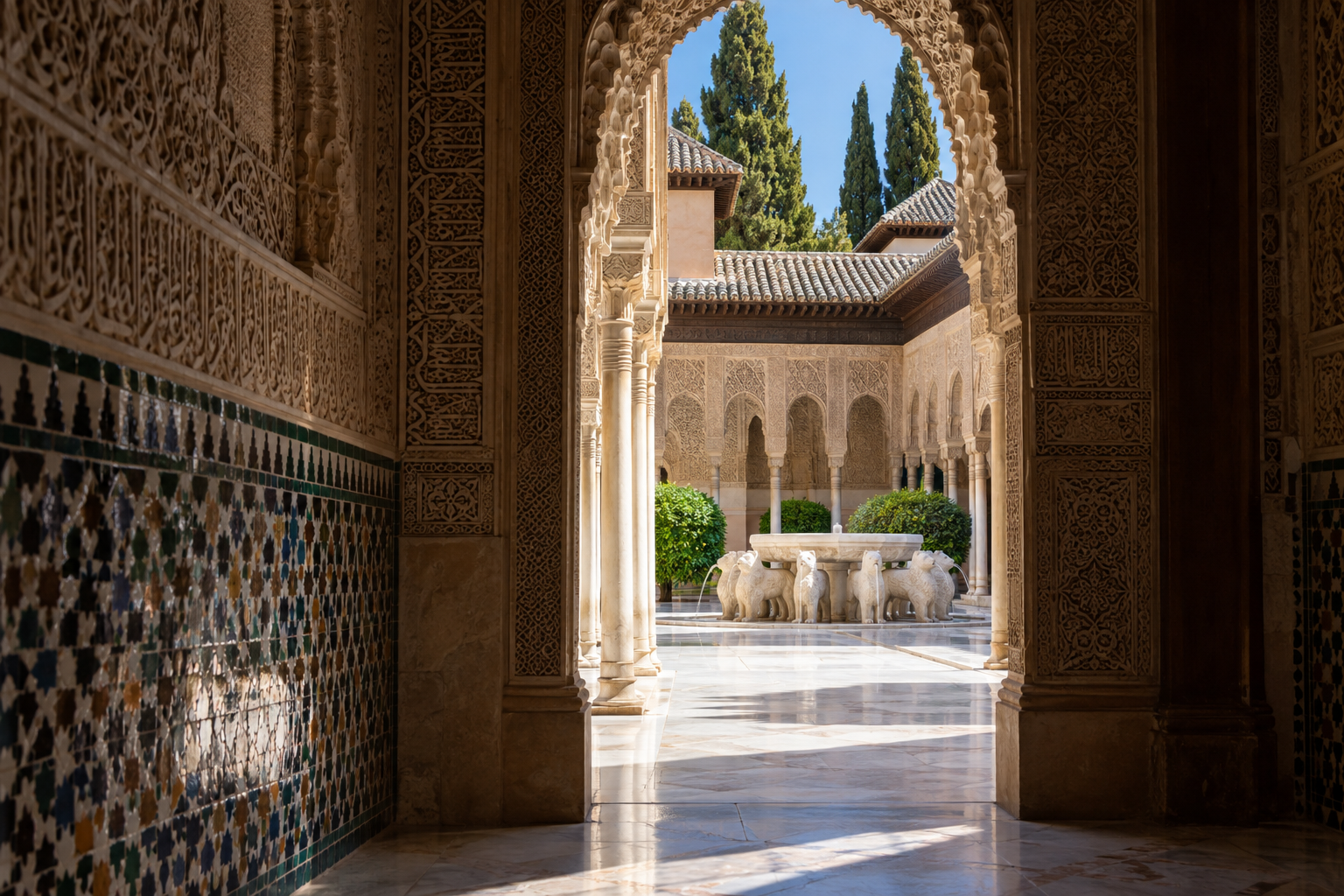View through an ornate stone archway to the Court of the Lions with a fountain, surrounded by carved stone walls and tiled co