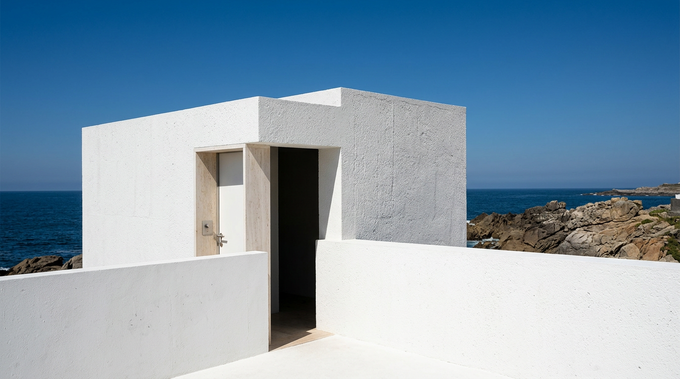 White concrete seaside structure with an open doorway and low wall, overlooking a rocky coast and blue ocean.