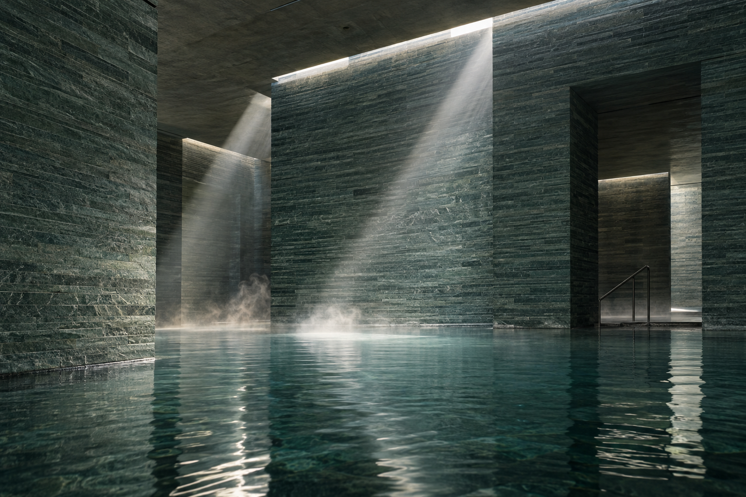A view from inside the Thermal Baths Vals looking across a pool toward dark quartzite walls and narrow light gaps.
