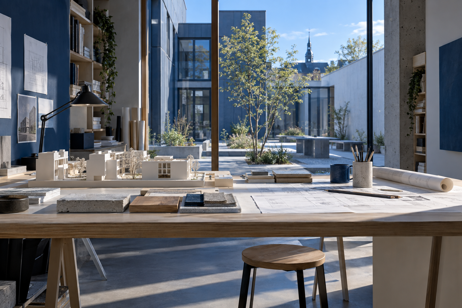 Architect's timber desk with concrete models and blueprints overlooks a modern concrete and glass building courtyard.