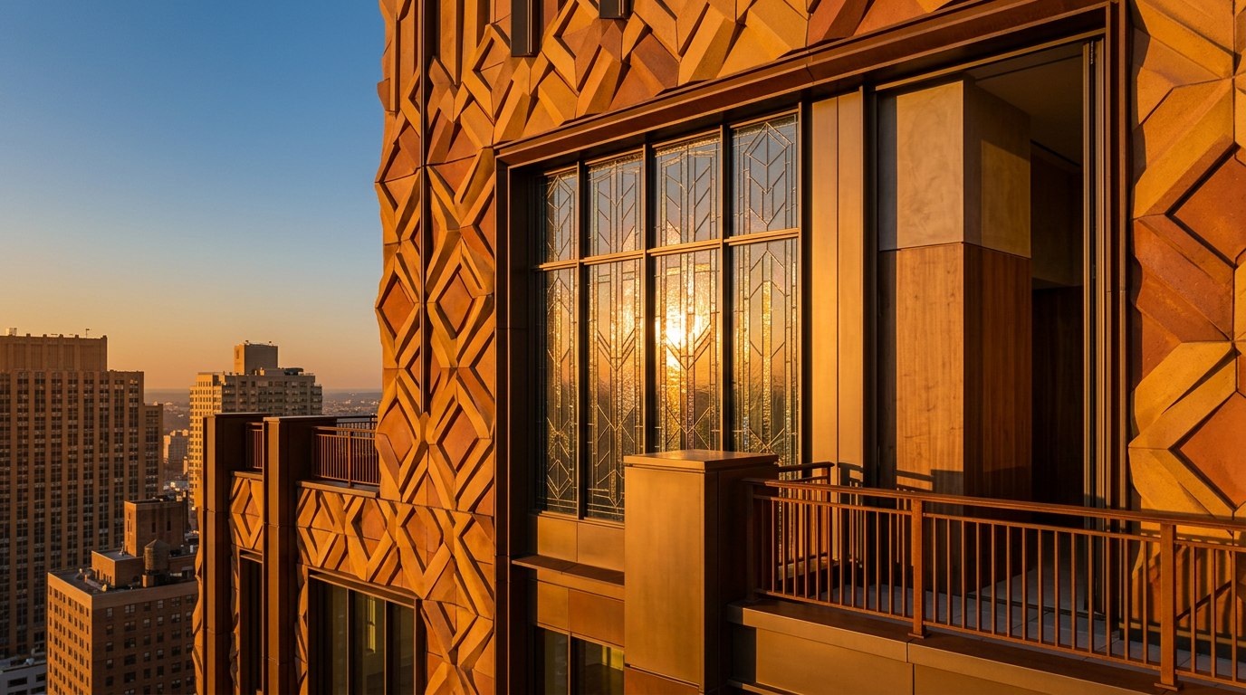New York penthouse architecture with a terracotta facade and ornate glass windows, seen from an exterior vantage at sunset.