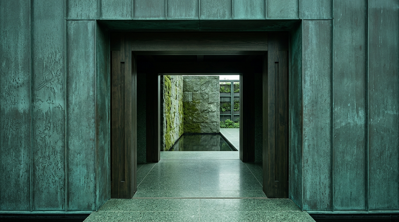 Verdigris metal portal leading to a courtyard with moss-covered stone walls, dark reflecting pool, and green wall plants.