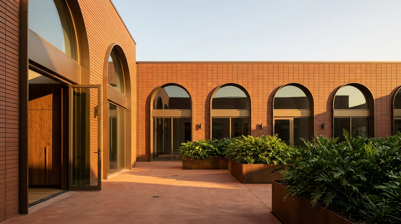 Brick building with arched windows, glass doors, and a reddish-brown patio with green plants in rusted planters.