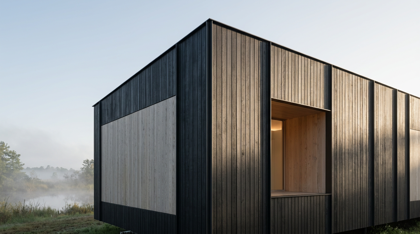 Modern dark and light timber cabin with a recessed window overlooking a misty lake, from a low-angle exterior.