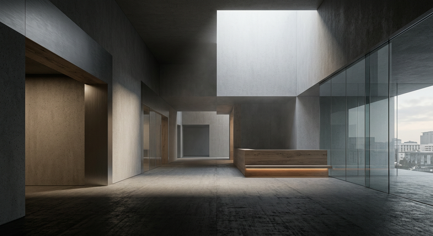 A serene, modern interior demonstrating adaptive biometric architecture with subtle lighting changes creating a personalized, comfortable environment.