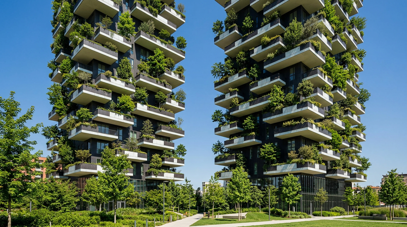 Bosco Verticale twin concrete and glass towers with hundreds of trees and shrubs on balconies, seen from a ground vantage.