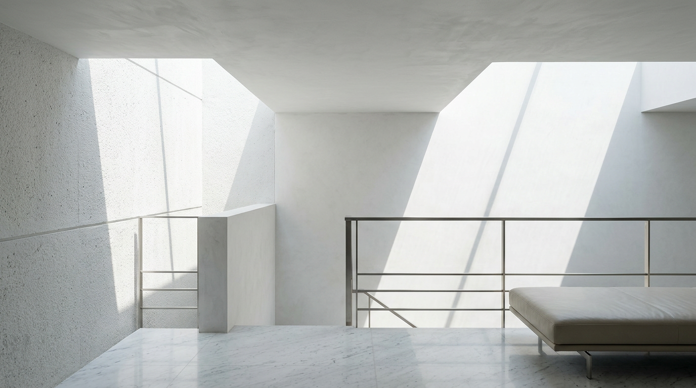 Modern concrete interior with a marble floor, metal railing, and skylight casting diagonal shadows across white walls, viewed