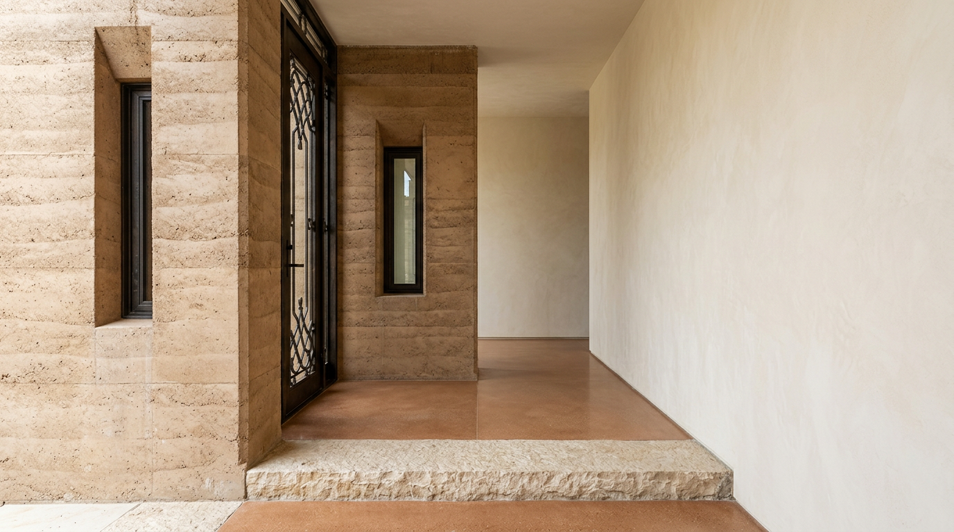 Rammed-earth wall to the left of an ornate glass door, with a smooth plaster wall and concrete floor to the right.