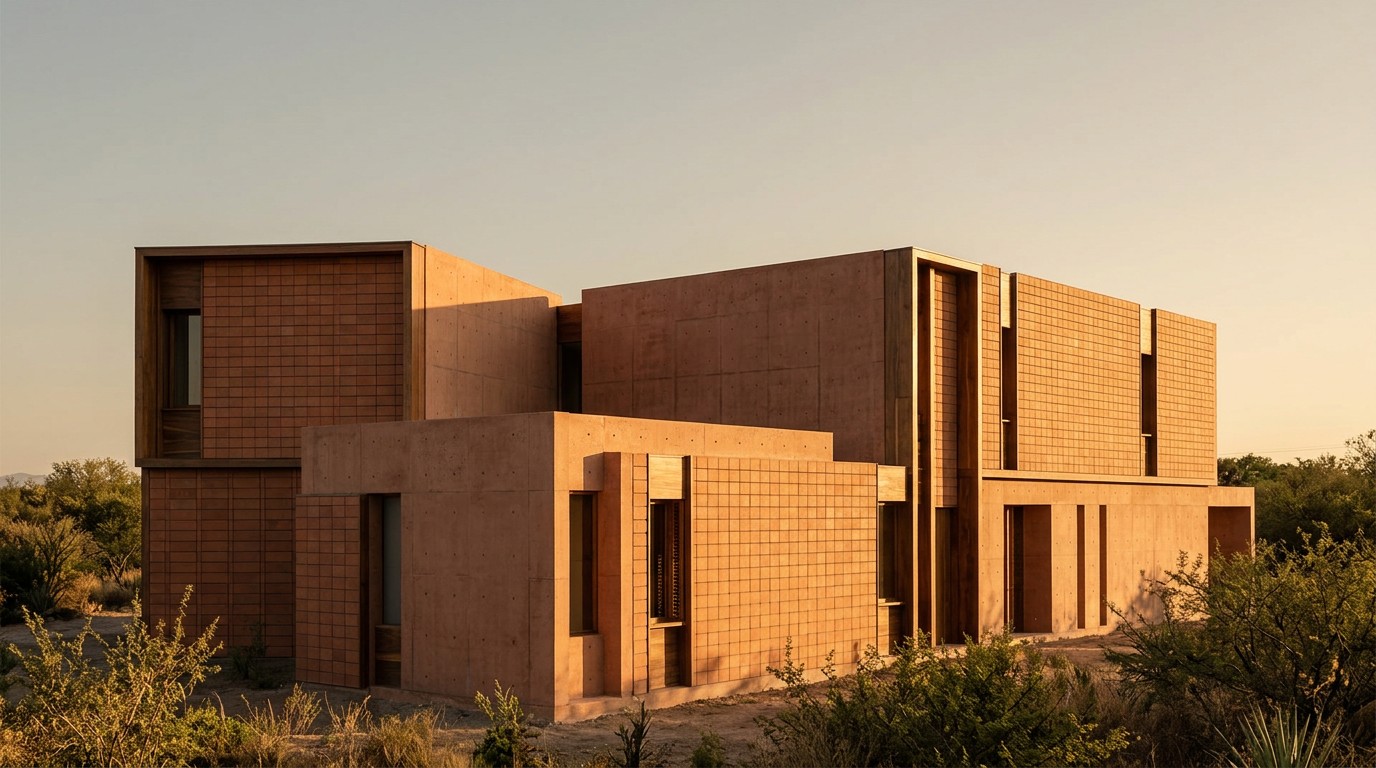 Modern block home constructed from terracotta-colored concrete and textured bricks, surrounded by sparse desert vegetation.