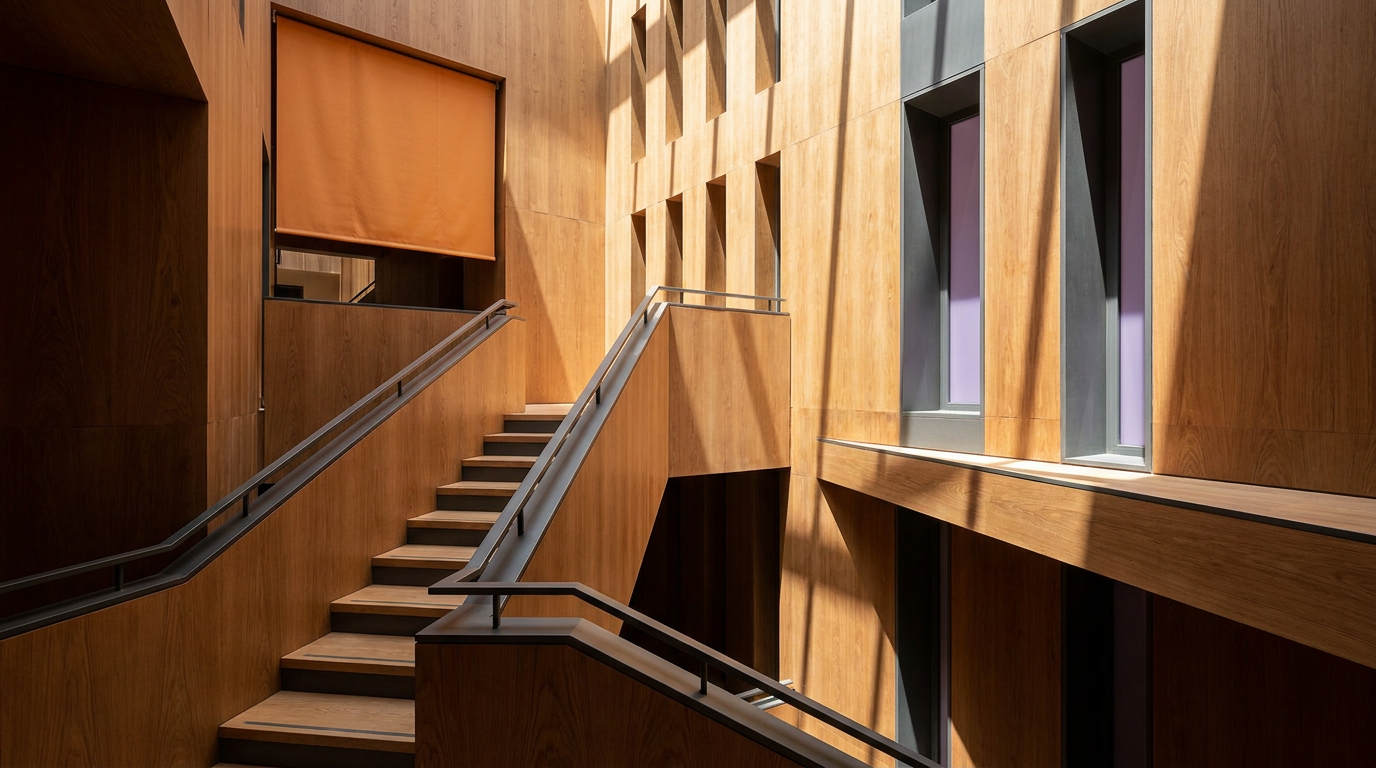 Modern timber stairwell with metal railings and rectangular windows casting shadows across wooden walls.