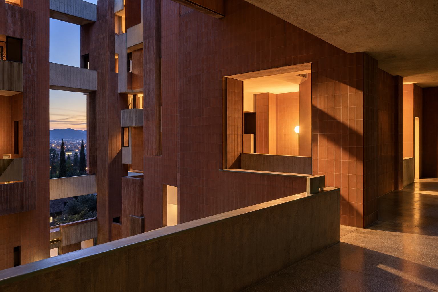 Exterior view of a multi-story building with red tile cladding and concrete elements, with an evening skyline visible.