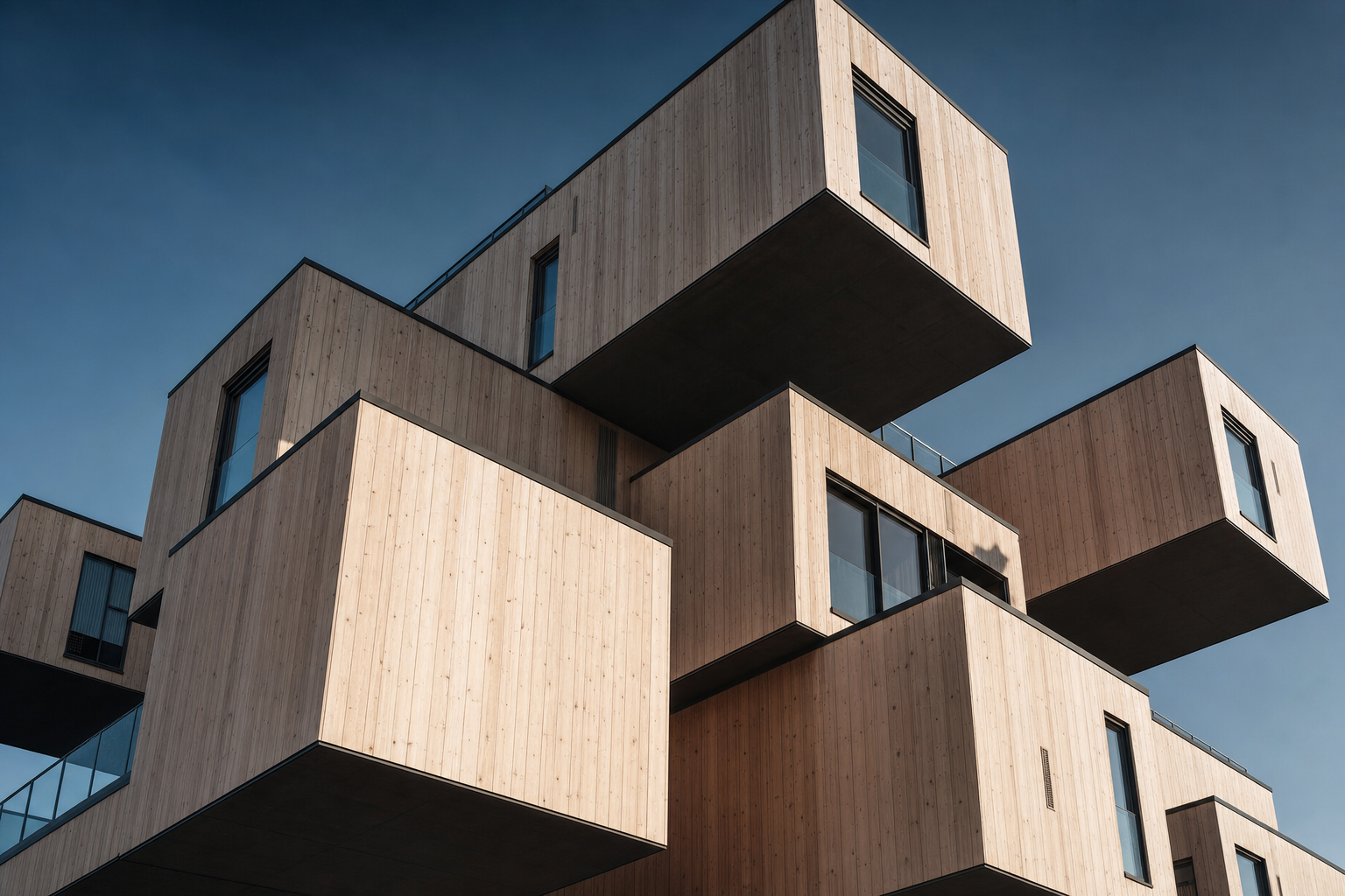 Modern building with Cellular Logic, featuring cantilevered light-wood boxes with windows, viewed from below against blue s