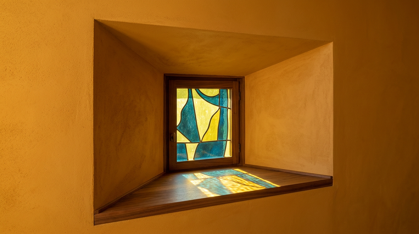 Recessed, stucco alcove with a timber sill, surrounding a stained glass window depicting abstract yellow and blue shapes.