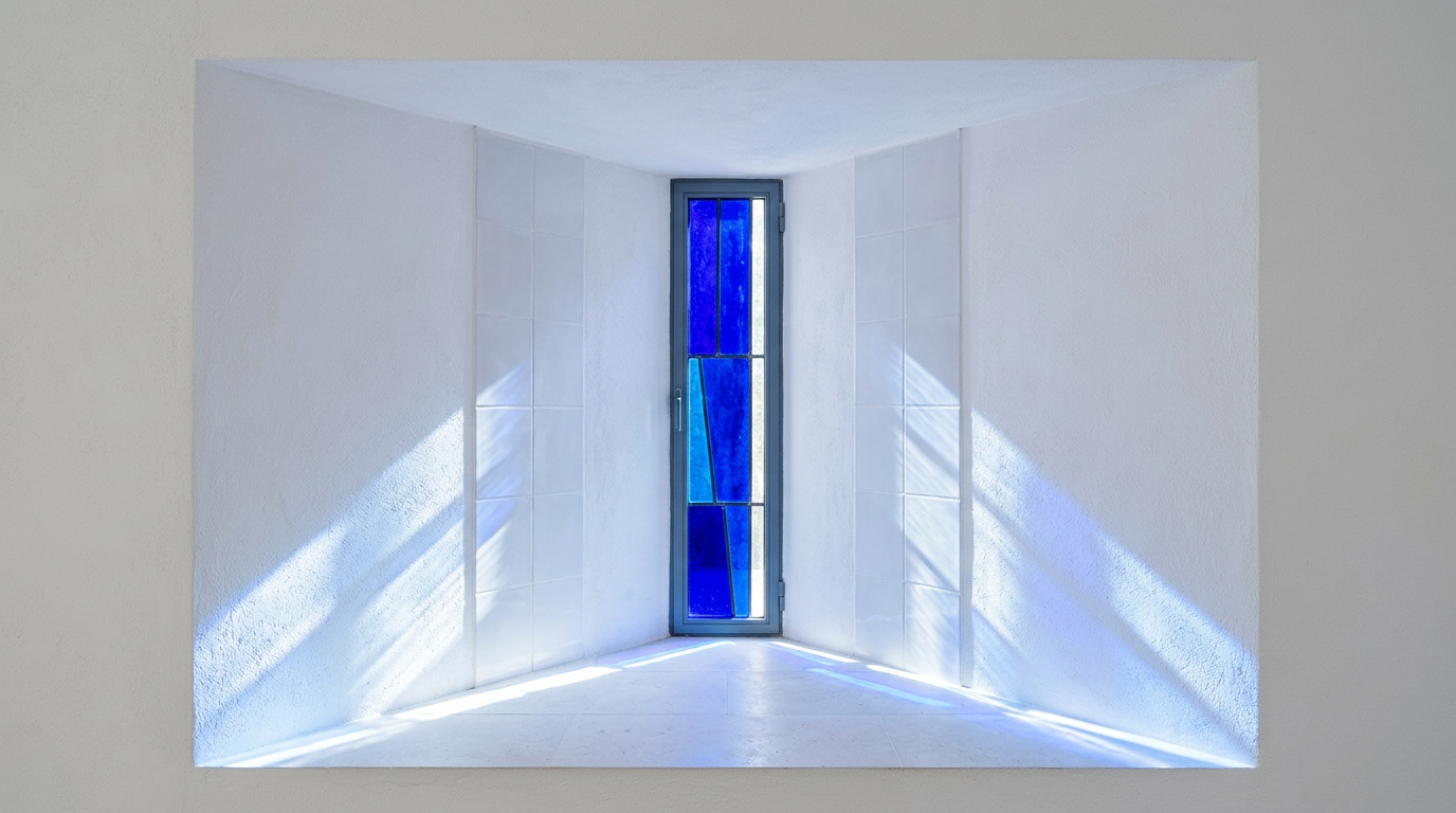 Stained glass window in shades of blue set into a deep concrete recess, illuminated by sunlight.