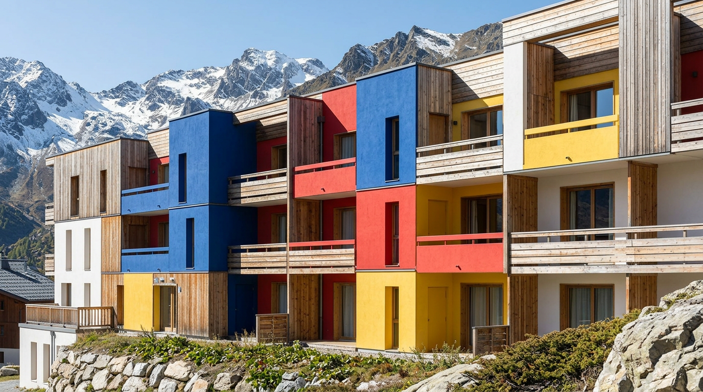 Colorful modern concrete and timber apartment building against a backdrop of snow-capped mountains, viewed from a low angle.