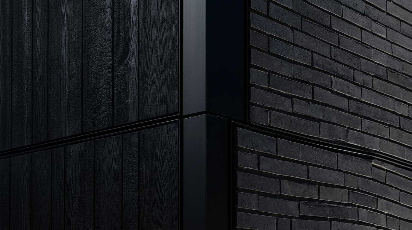 Exterior corner of a building, showcasing dark timber cladding and black brickwork, meeting at a black metal beam.