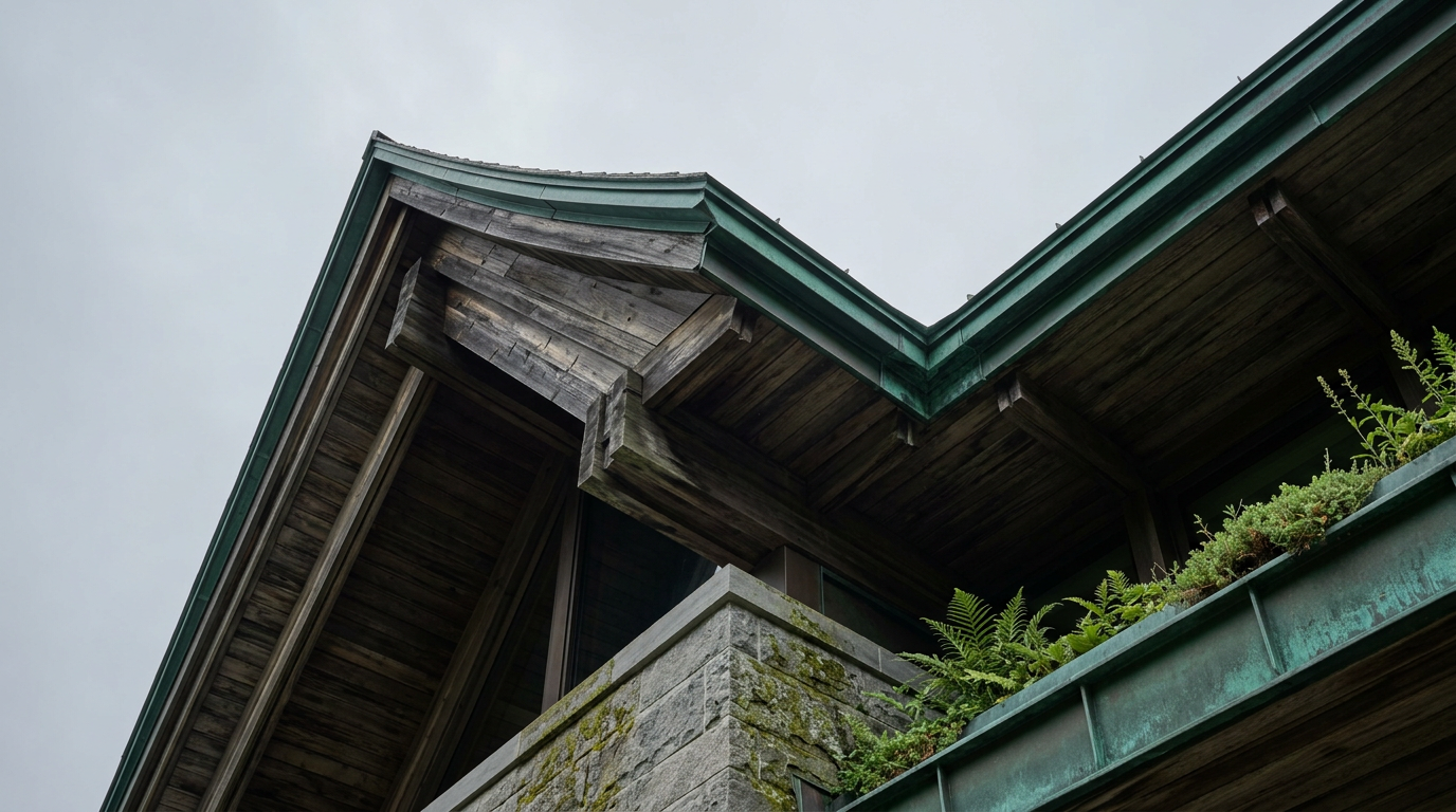 Upper perspective of a stone and timber building, with weathered green copper eaves and a planter box with ferns.