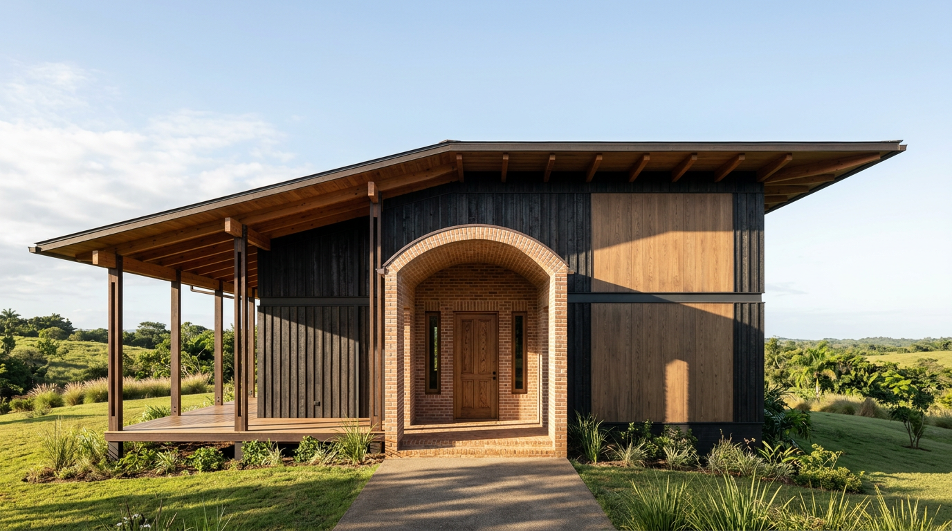 Modern house with black timber siding, a timber-framed porch, and a brick arched entry, viewed from the front path.