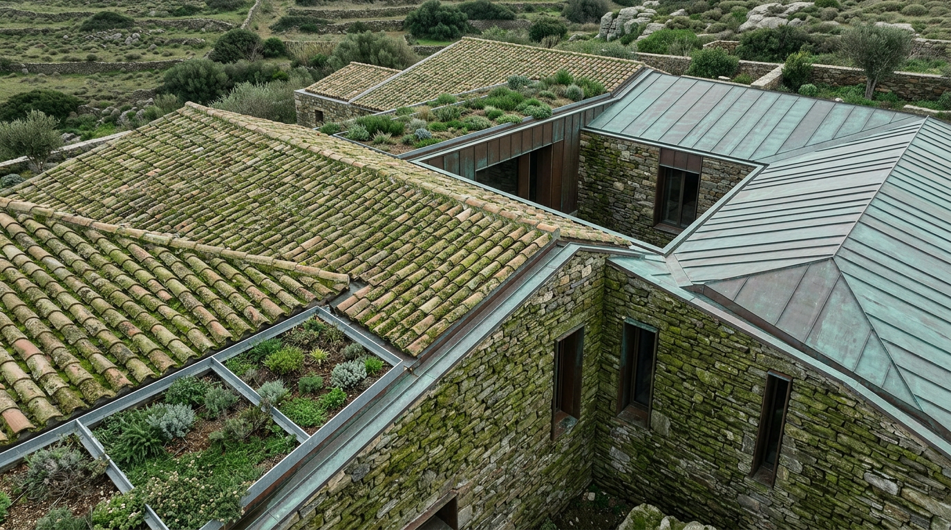 Aerial view of stone buildings with moss-covered tile roofs, green roofs, and verdigris metal roofs amidst a rural landscape.