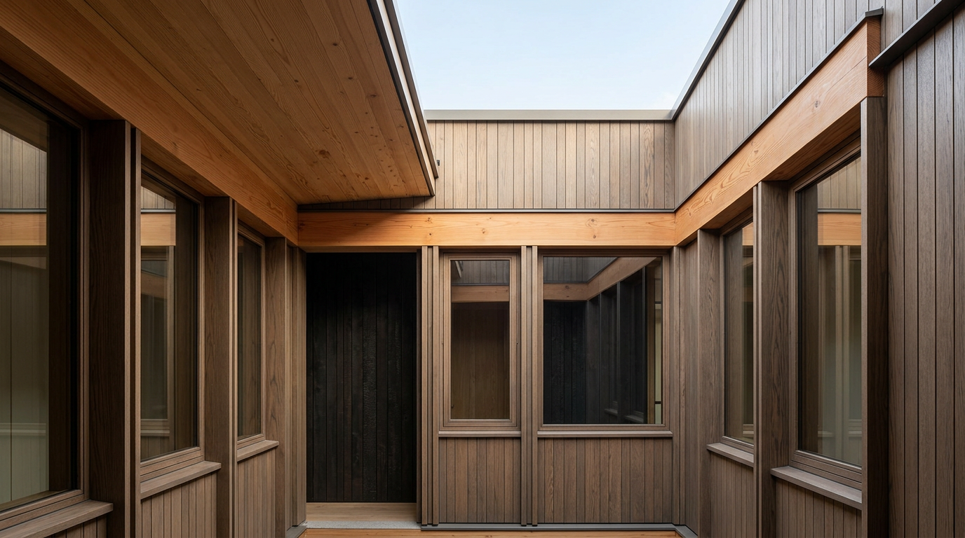 Wood-clad courtyard with glass windows and a natural wood beam, viewed from inside the space looking up to the sky.