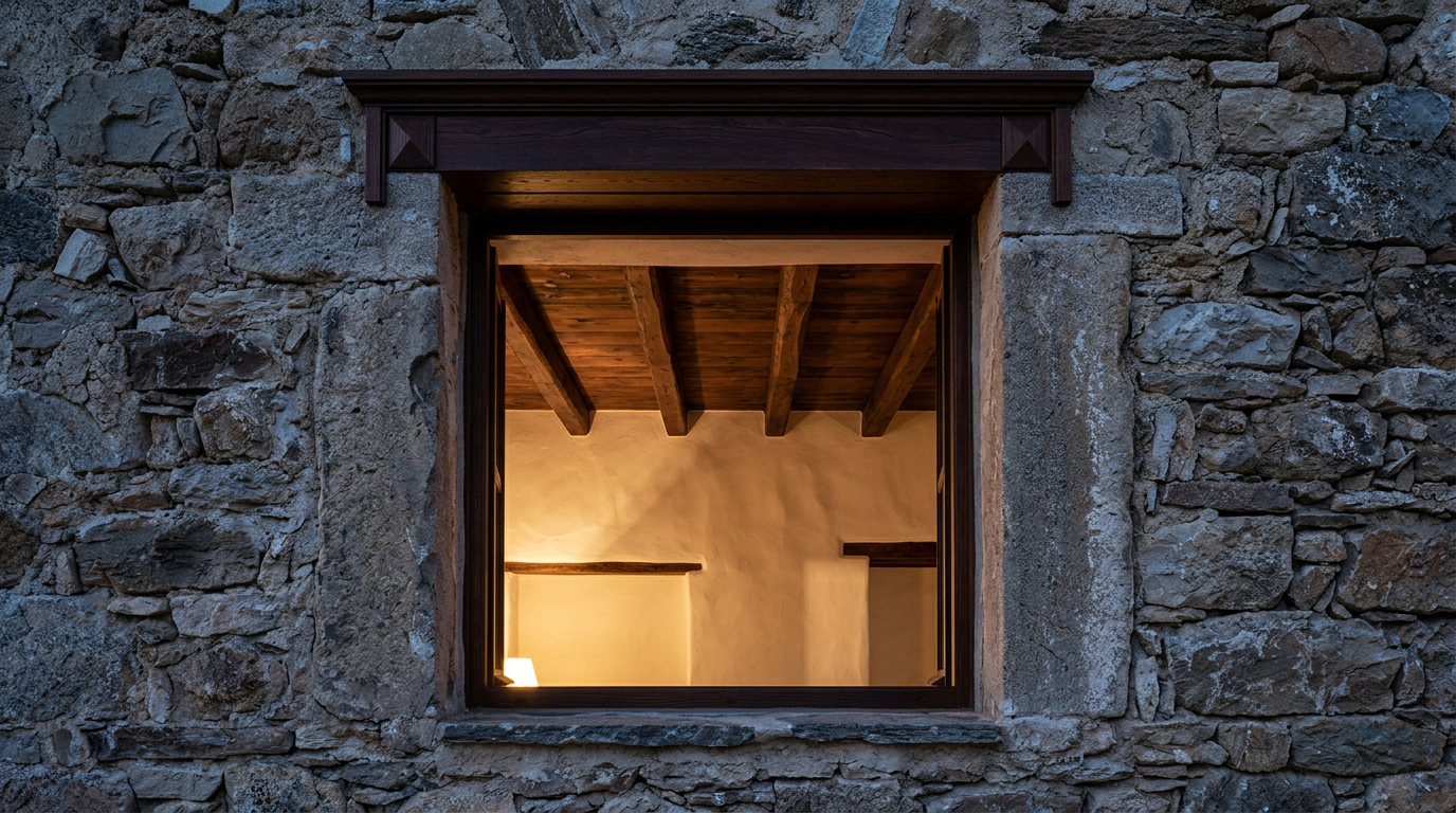 Stone facade window with dark timber frame, showing a warmly lit room with a timber-beamed ceiling.