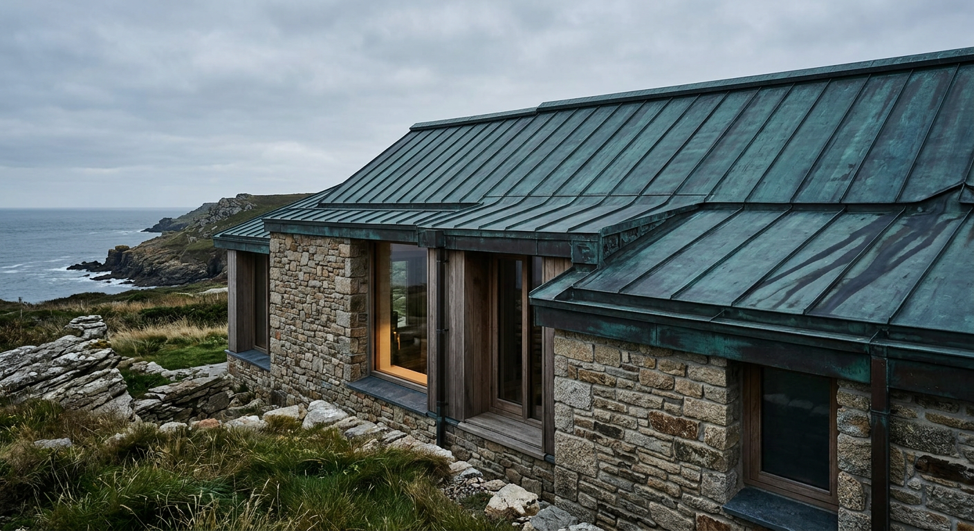 Stone cottage with a green metal roof and wood-framed windows, seen from an exterior, slightly elevated perspective with ocea
