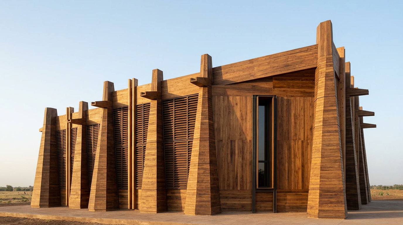 Modern timber building with slatted facades and prominent buttresses, reminiscent of Djenné mud architecture, under a clear s