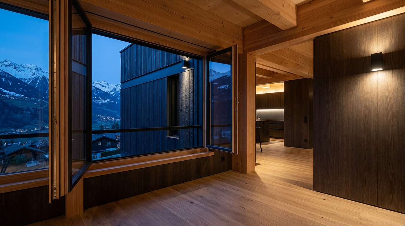 Modern timber interior with large open windows showcasing snowy mountain views and Jean-Jacques Dubuis architecture.