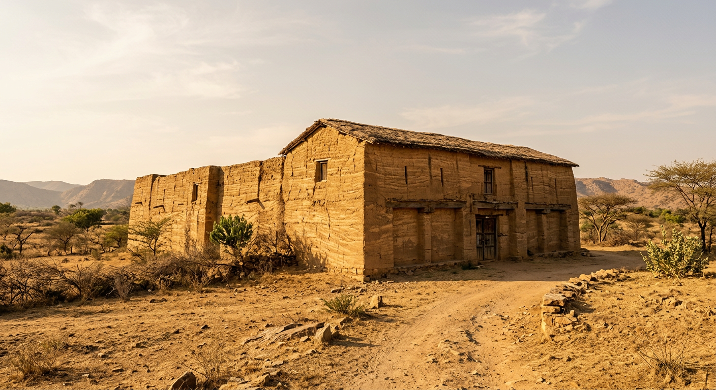Traditional rammed earth building with a thatched roof, seen from a dirt path in a dry, mountainous landscape.
