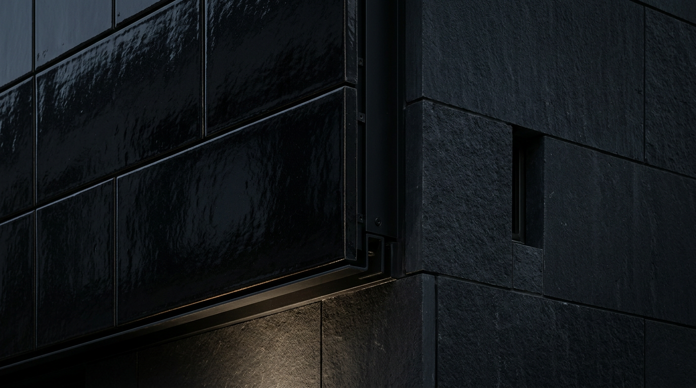 Abstract close-up of a dark stone and glazed tile building facade with a small recessed window.