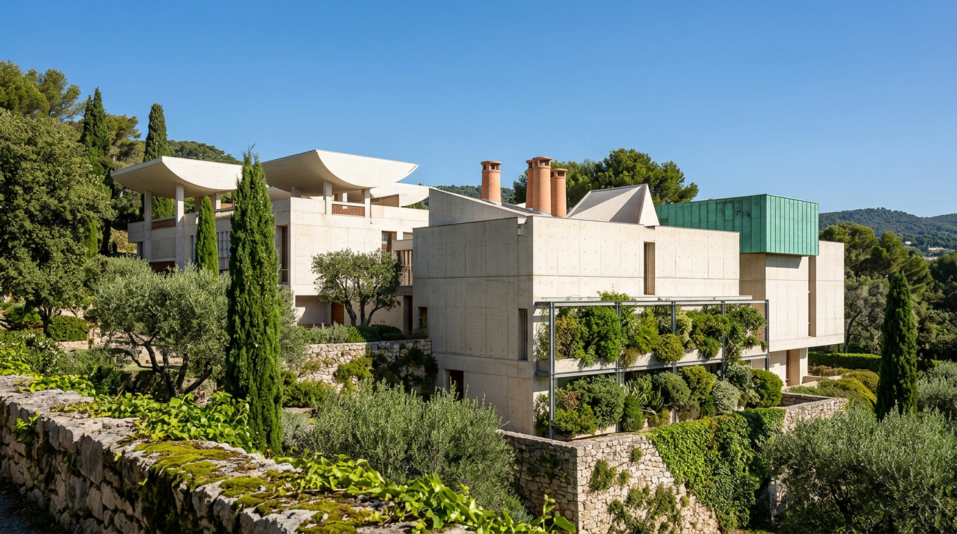 Concrete modernist house with green roof and planted terraces, viewed from a stone wall foreground.