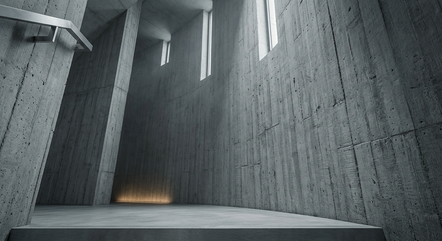 A close-up of a smooth concrete wall showing faint, regular lines and small circular indentations, evidence of the timber formwork that once shaped it.