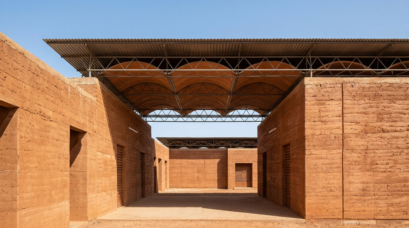 Rammed earth buildings with corrugated metal roofs provide shade over open courtyards under a clear sky.