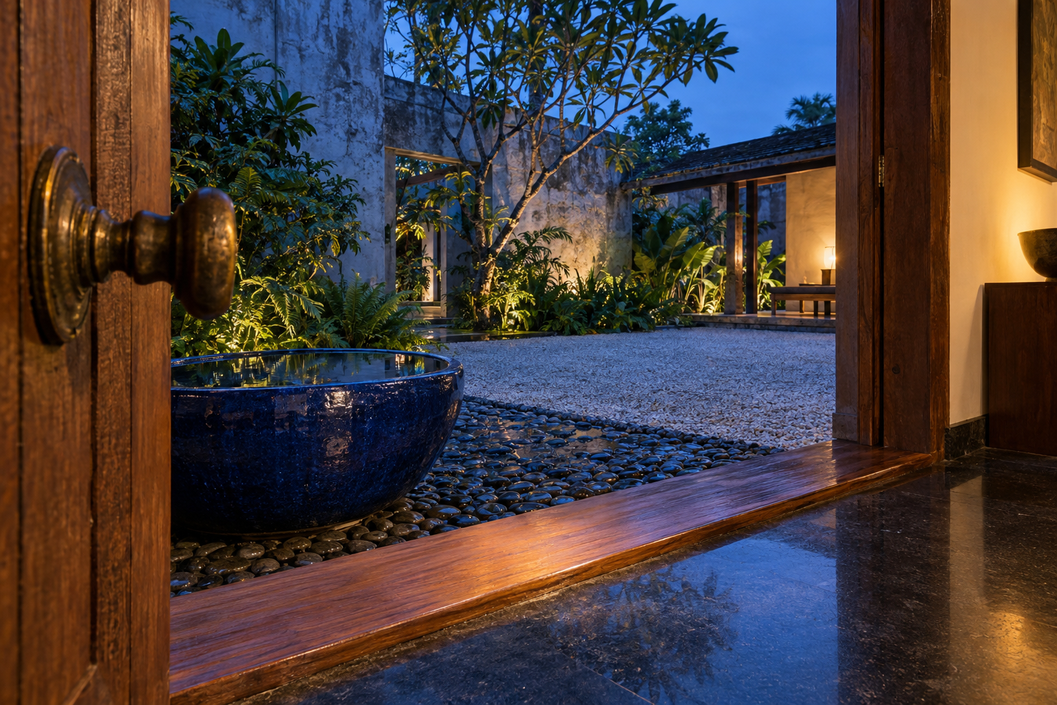 A close-up view of a deep timber doorway at Geoffrey Bawa's Number 11 in Colombo, framing a courtyard garden under twilight blue light.