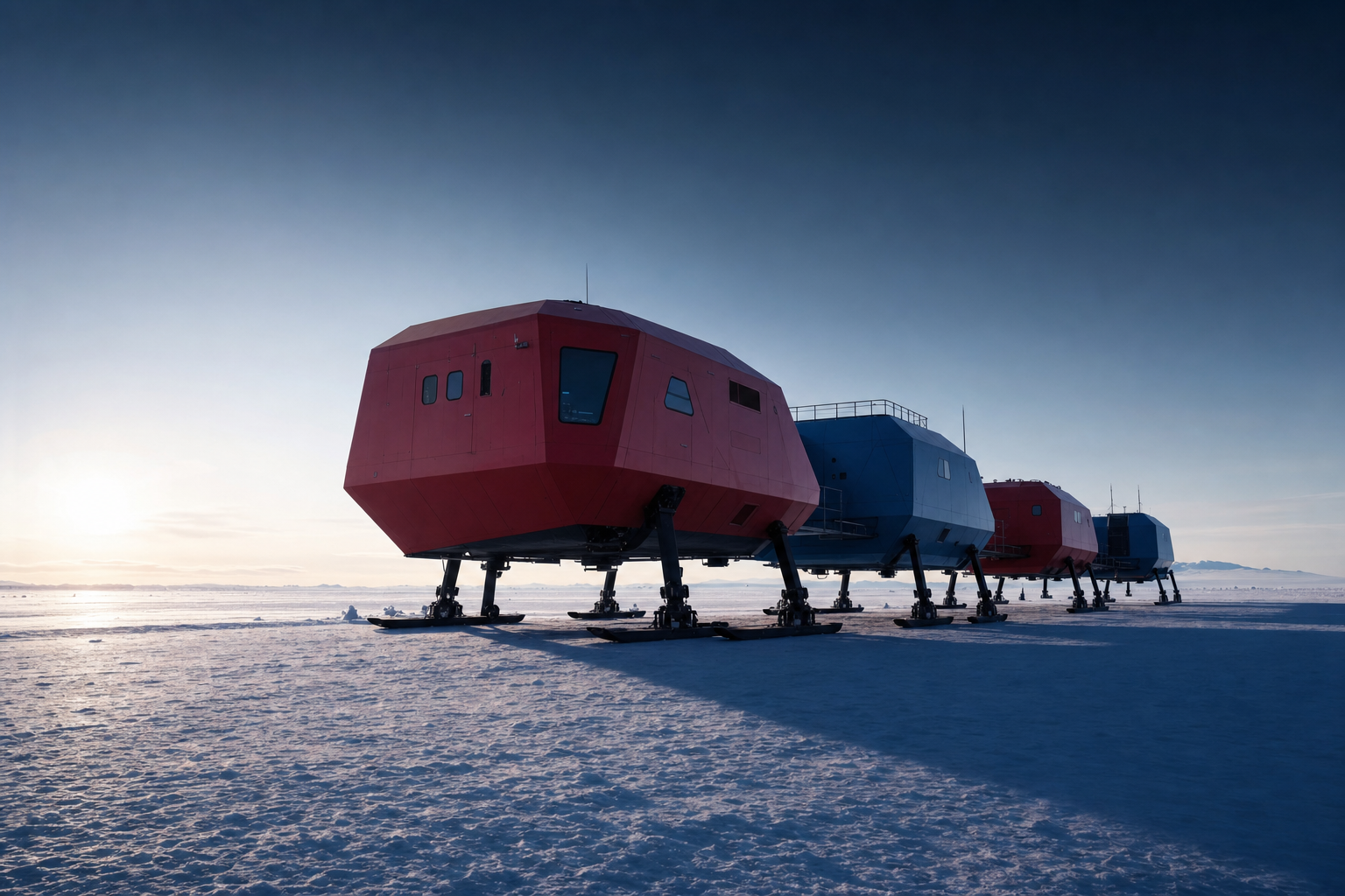 The Halley VI Research Station in Antarctica showing its red and blue modular pods on hydraulic stilts and skis against a white snow landscape.