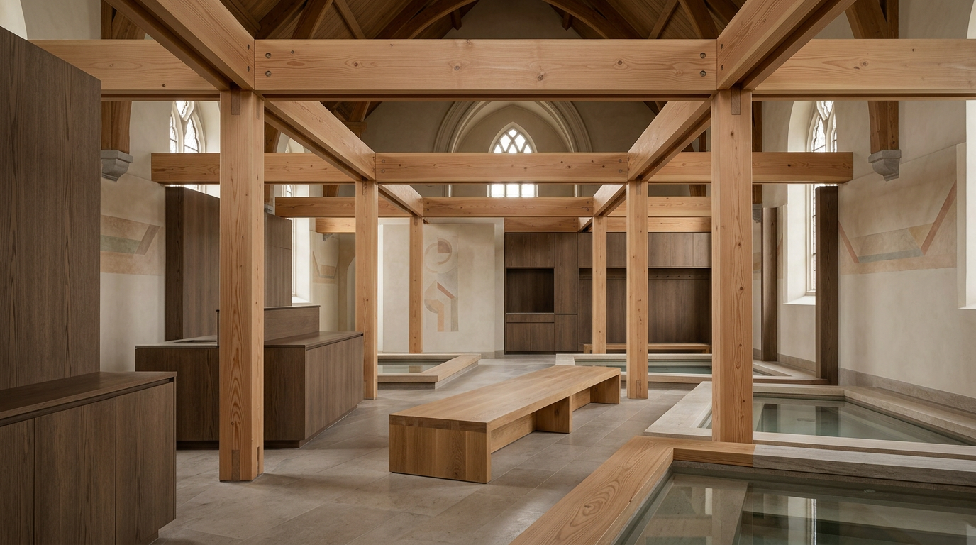 A timber frame structure built inside a stone church with pools filling the floor and wooden furniture.