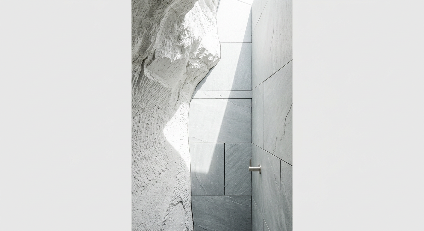 Sculpted white concrete interior wall next to a tiled stone wall with a skylight and a metal shower faucet.