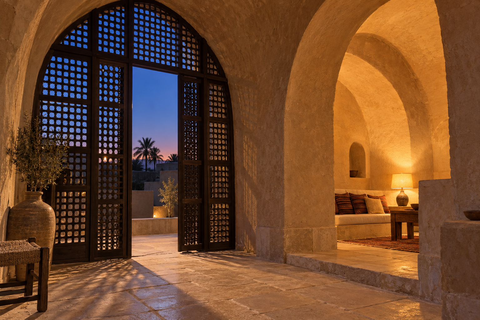 Interior view of a vaulted mud-brick living room at New Gourna at dusk, with warm lamplight glowing through a turned-wood mashrabiya screen.