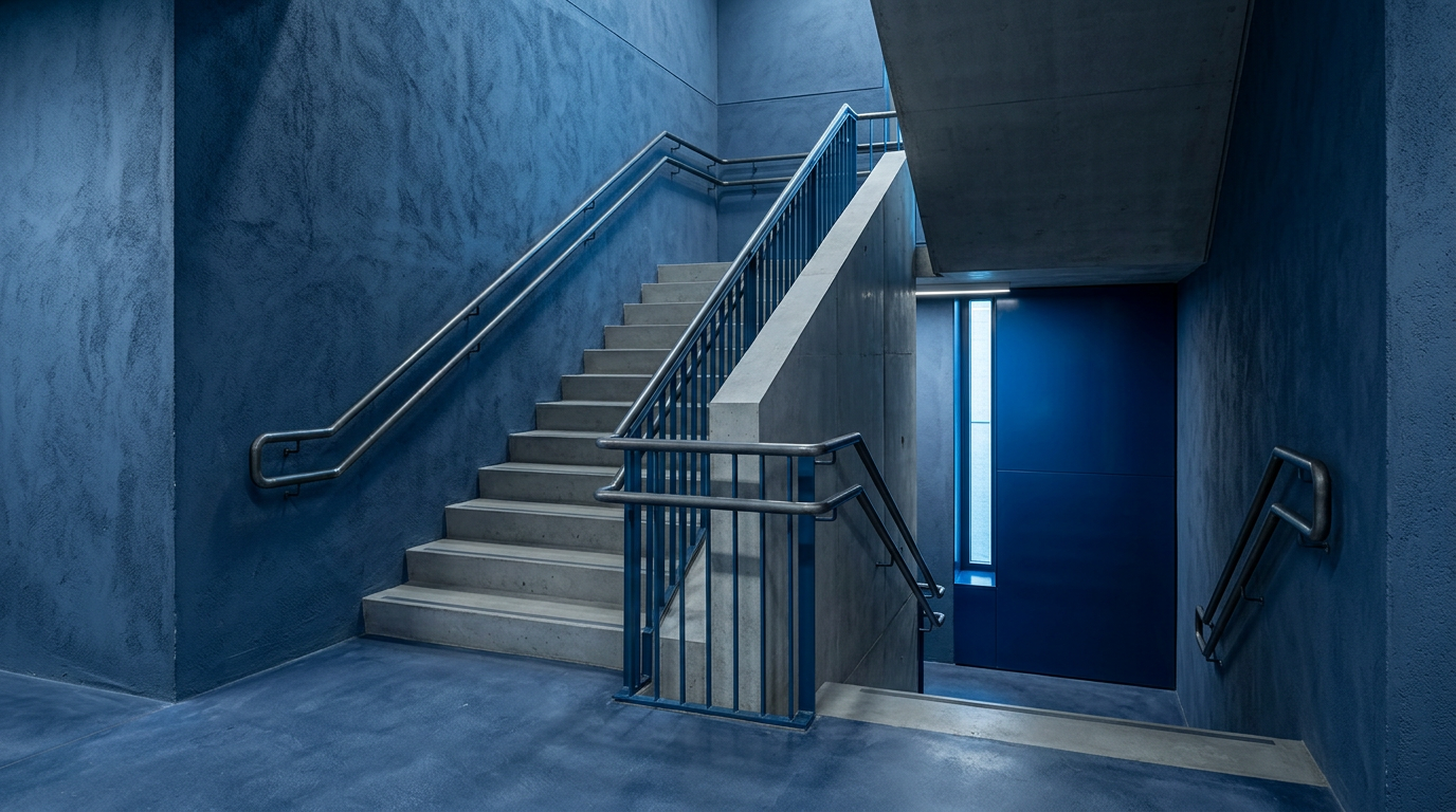 Concrete stairway with blue painted walls and railings leads to a blue door.