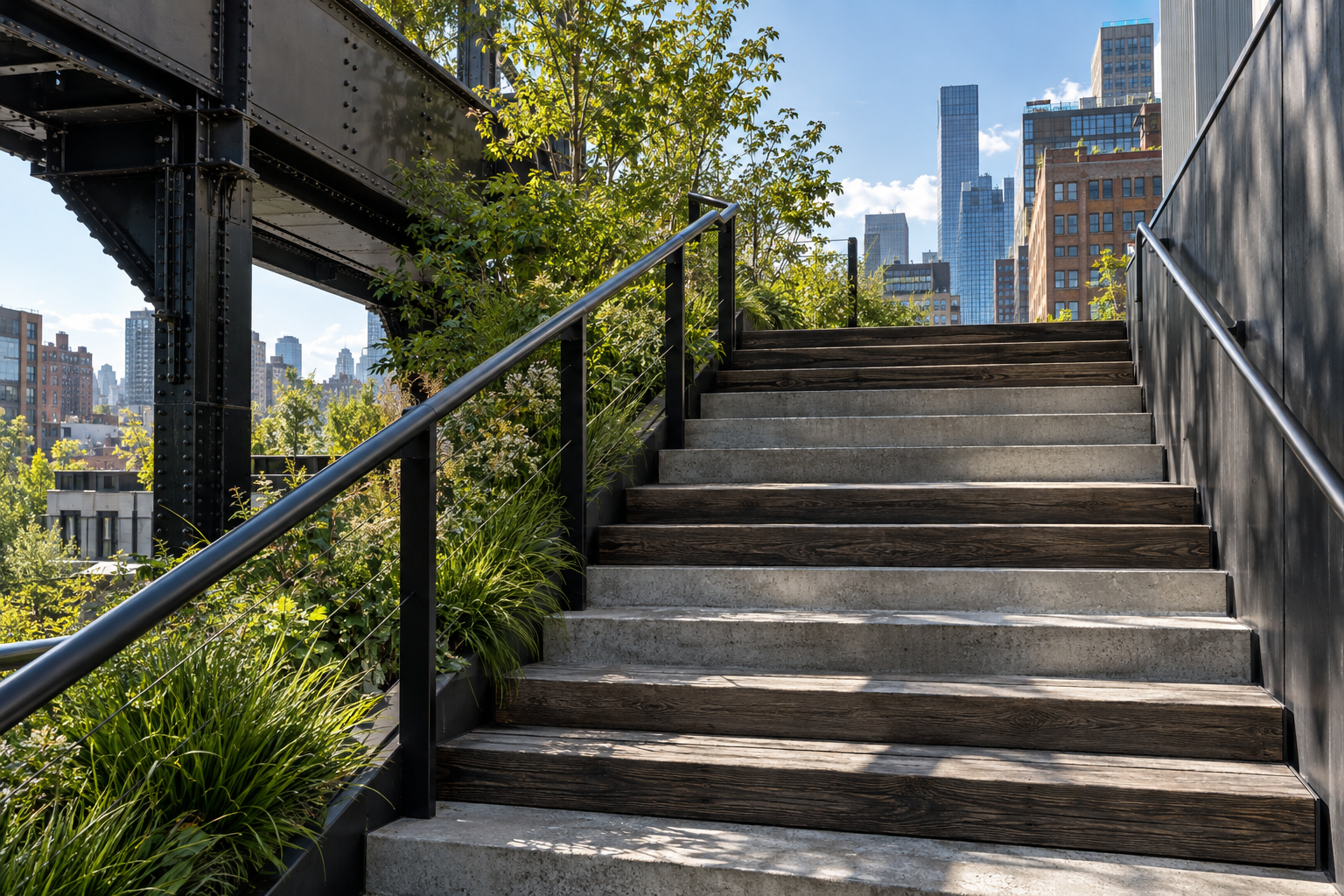 Concrete stairs with timber treads ascend towards a city skyline and green plantings, viewed from below a black steel bridge.