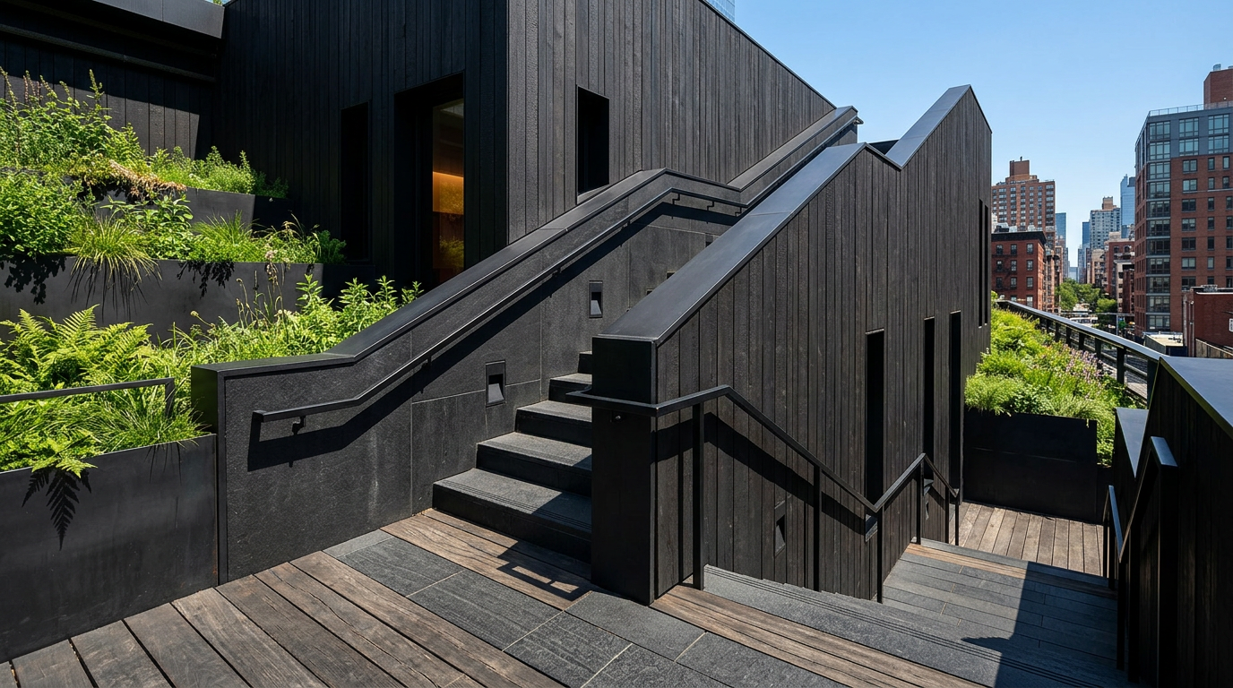 Rooftop terrace with multi-level black timber walls, dark stone steps, wood decking, and lush green planters, cityscape backg