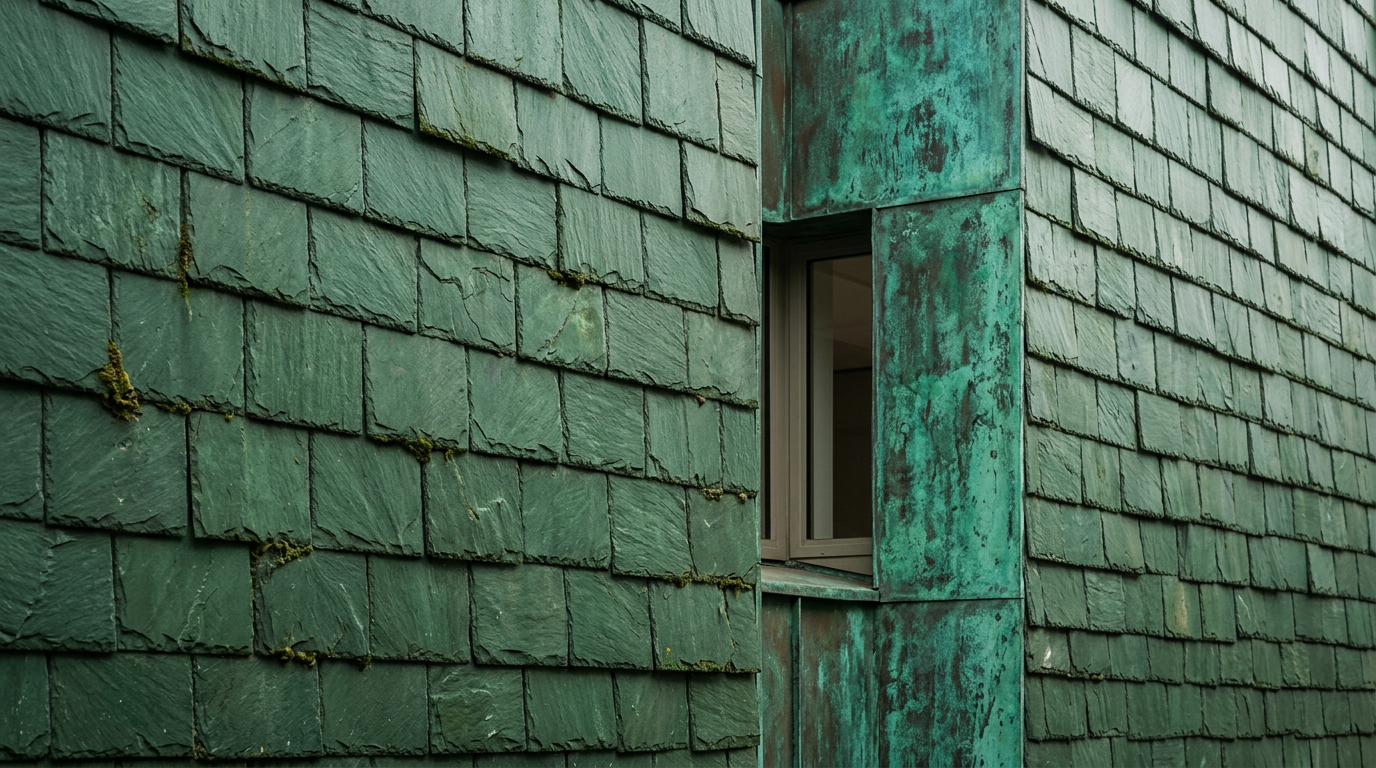 Green slate shingles with moss meet a window set into verdigris copper cladding on a building exterior, viewed from an angle.