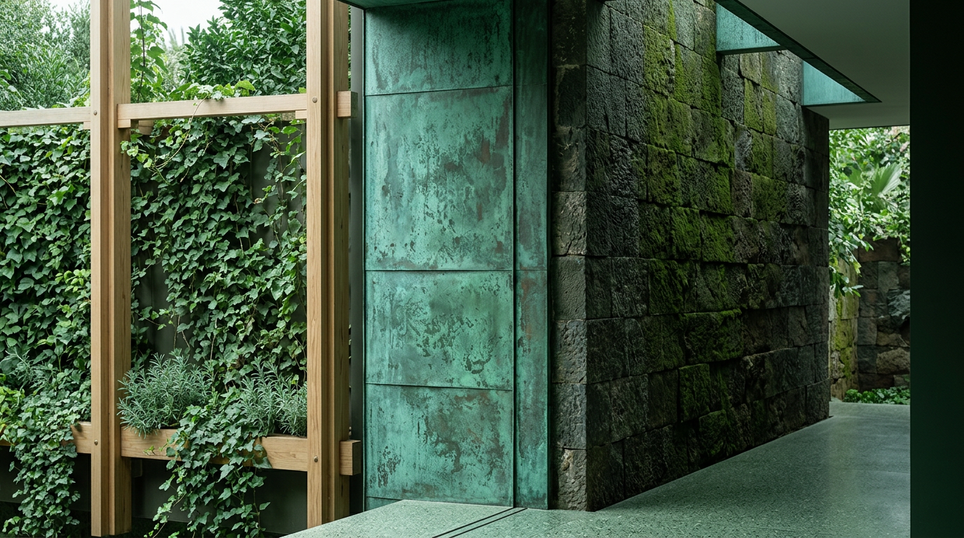 A timber trellis with climbing ivy, a patinated copper door, and a moss-covered stone wall, from a close-up angle.