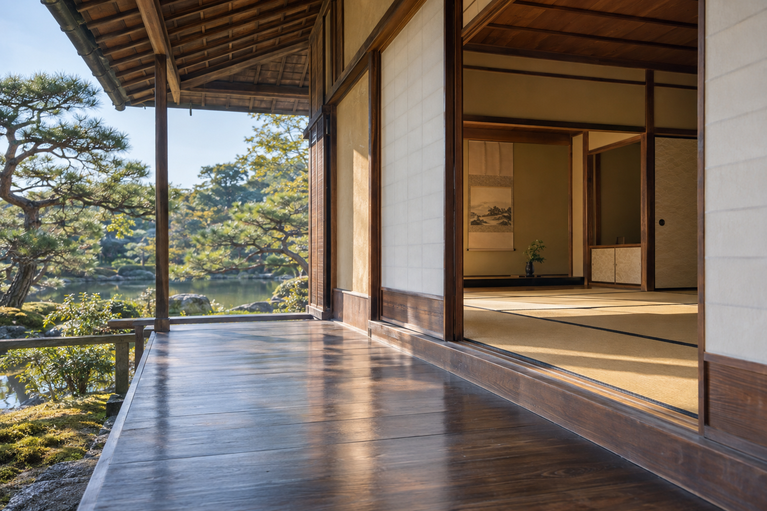 A timber veranda overlooking a pond and garden, with sliding paper screens opening into an interior room at Katsura Imperial