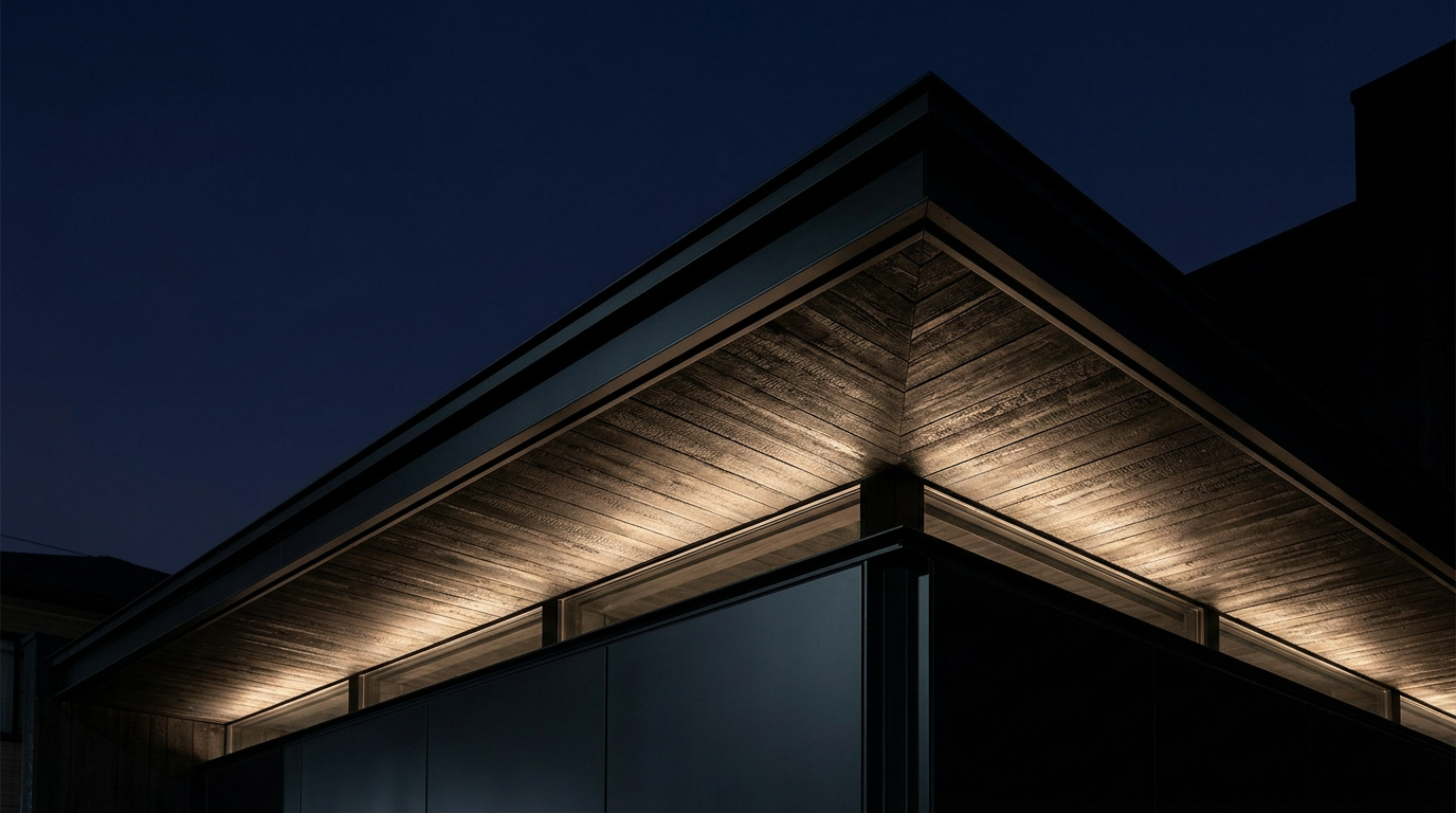 Close-up, worm's-eye view of an illuminated timber soffit with dark metal framing and glass windows at night.