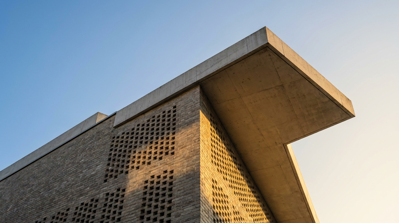 Modern building with concrete overhang and brick facade featuring perforated patterns, viewed from below against a clear sky.