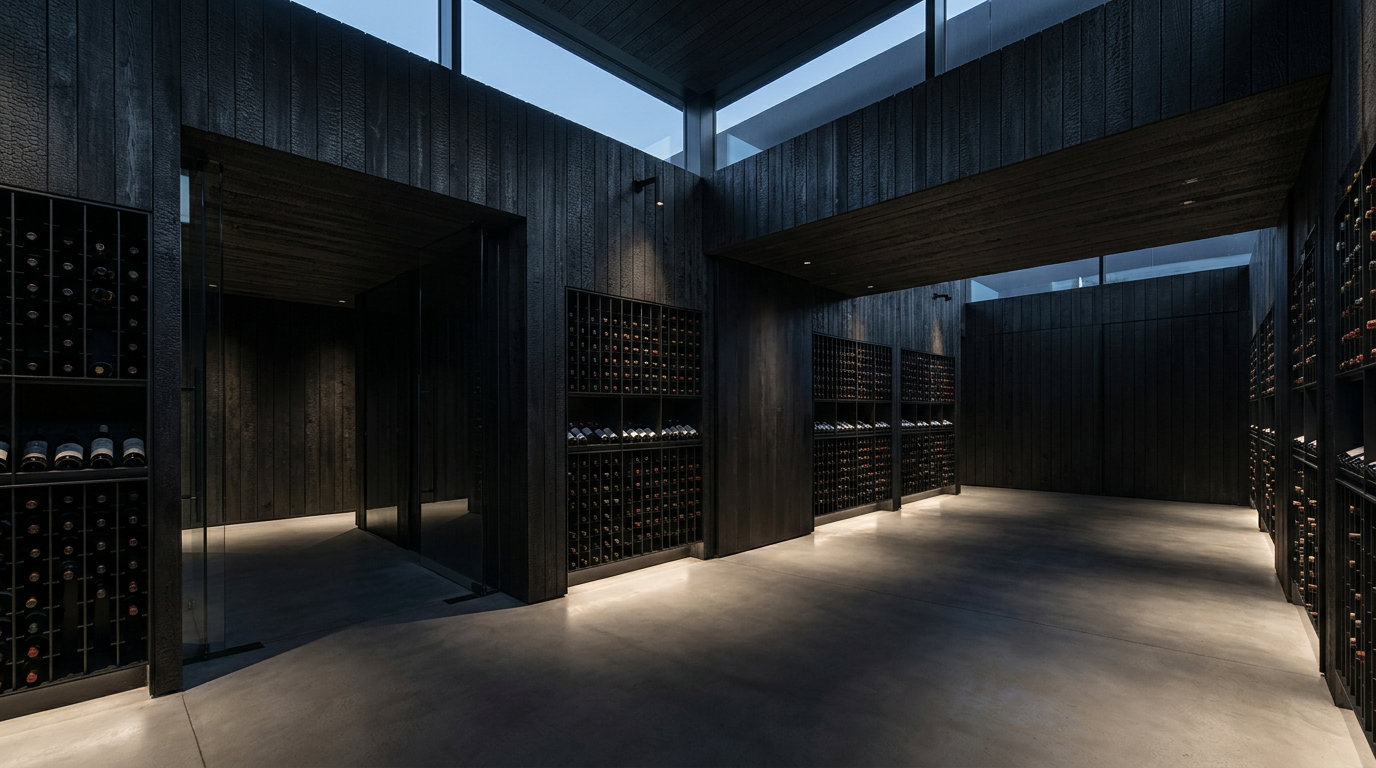 Wine archive with dark timber paneling and black metal racks filled with bottles, from a first-person perspective.